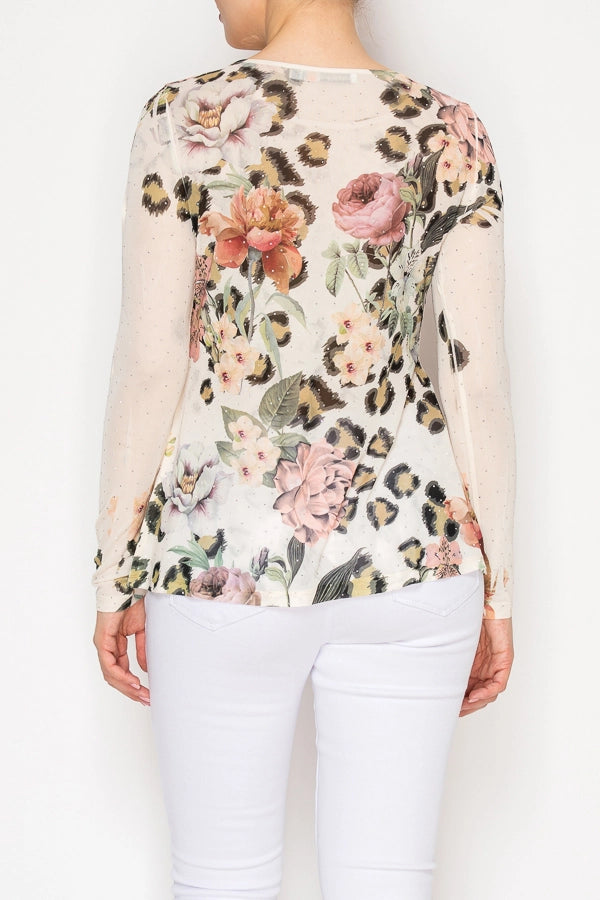 ORIGAMI Sparkly Long Sleeve Sheer Mesh Top Leopard Flower