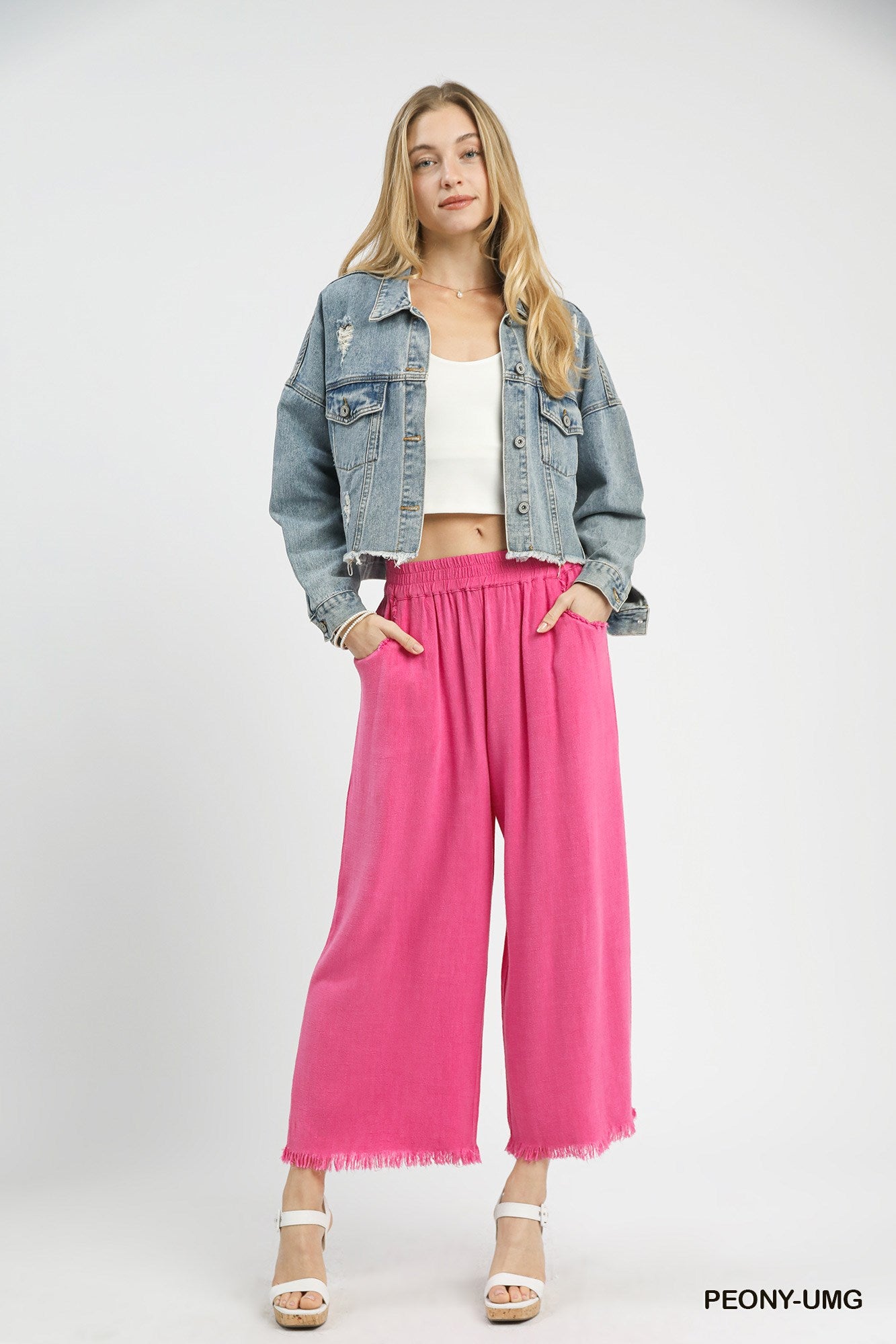 UMGEE Peony Pink Frayed Wide-Leg Pants