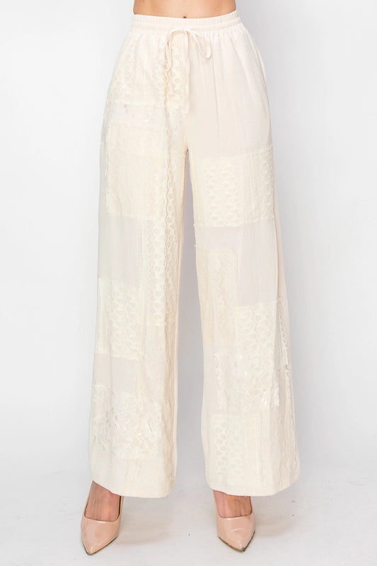 ORIGAMI Relaxed Lace Patchwork Pants with Elastic Drawstring Beige