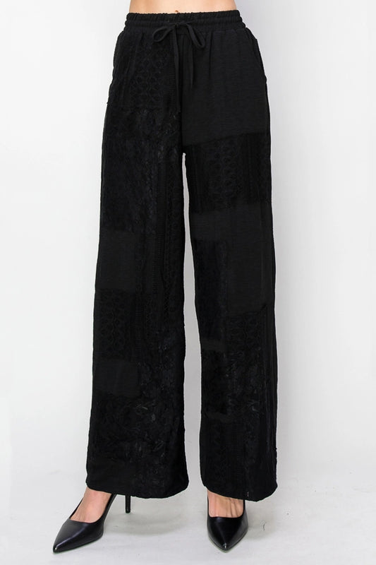 ORIGAMI Relaxed Lace Patchwork Pants with Elastic Drawstring Black