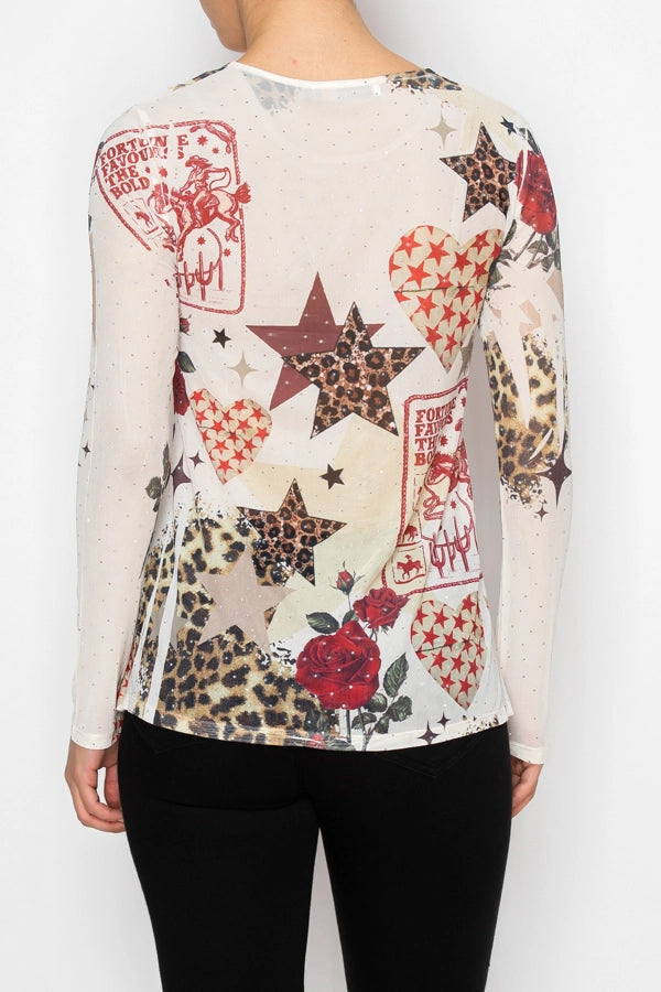 ORIGAMI Star Rose Sparkly Mesh Top