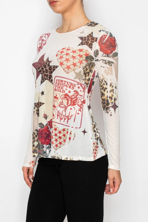 ORIGAMI Star Rose Sparkly Mesh Top