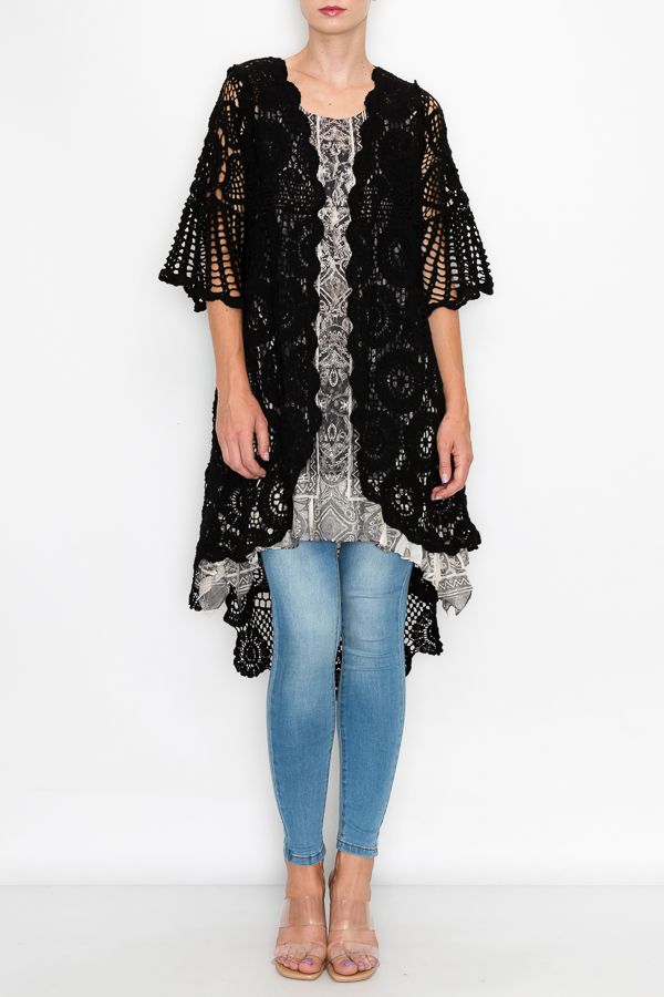 ORIGAMI Black High Low Crochet Cardigan
