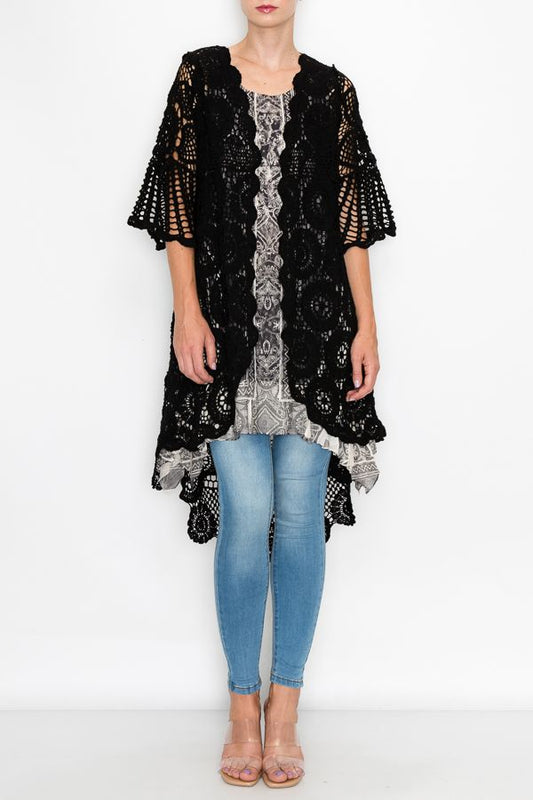 ORIGAMI Black High Low Crochet Cardigan