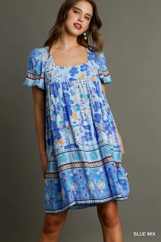 UMGEE Blue Border Print Tiered Short Dress * Market Special *