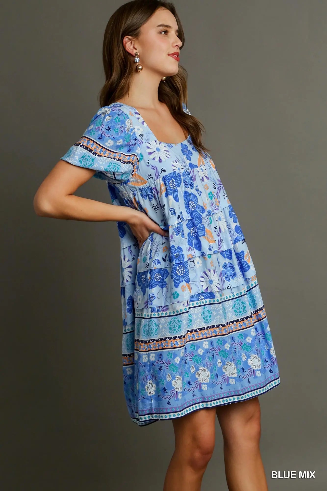 UMGEE Blue Border Print Tiered Short Dress * Market Special *