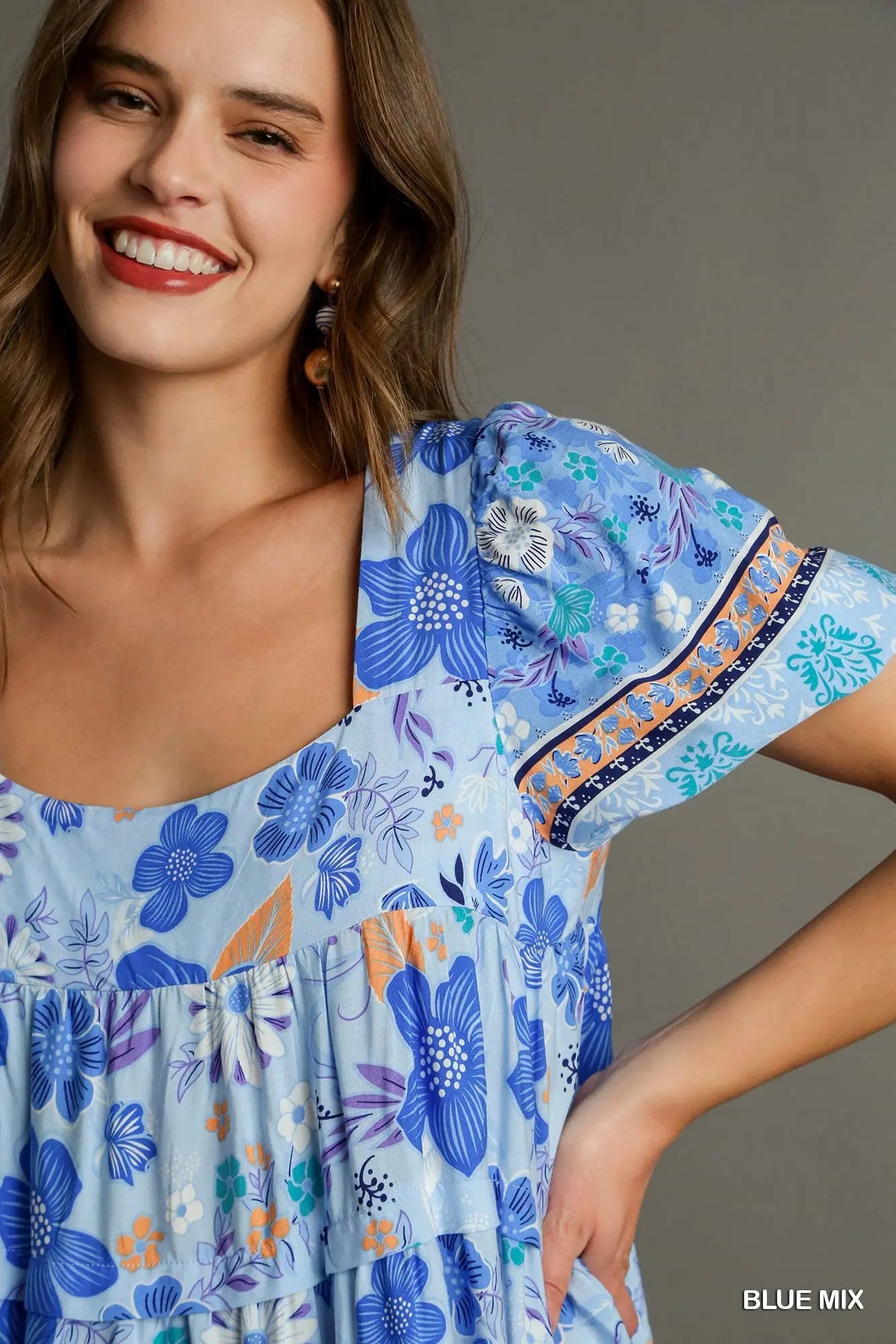 UMGEE Blue Border Print Tiered Short Dress * Market Special *