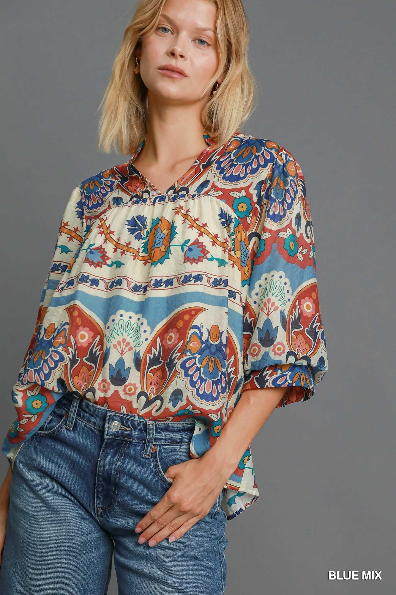 UMGEE Split Neck Print Top Blue Mix