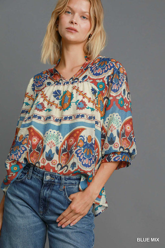 UMGEE Split Neck Print Top Blue Mix