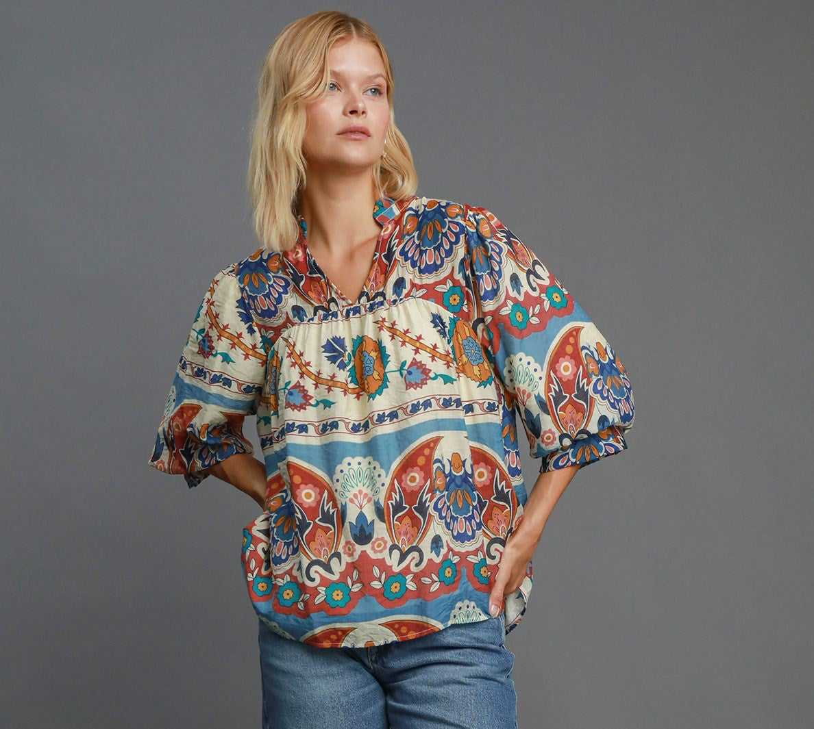 UMGEE Split Neck Print Top Blue Mix