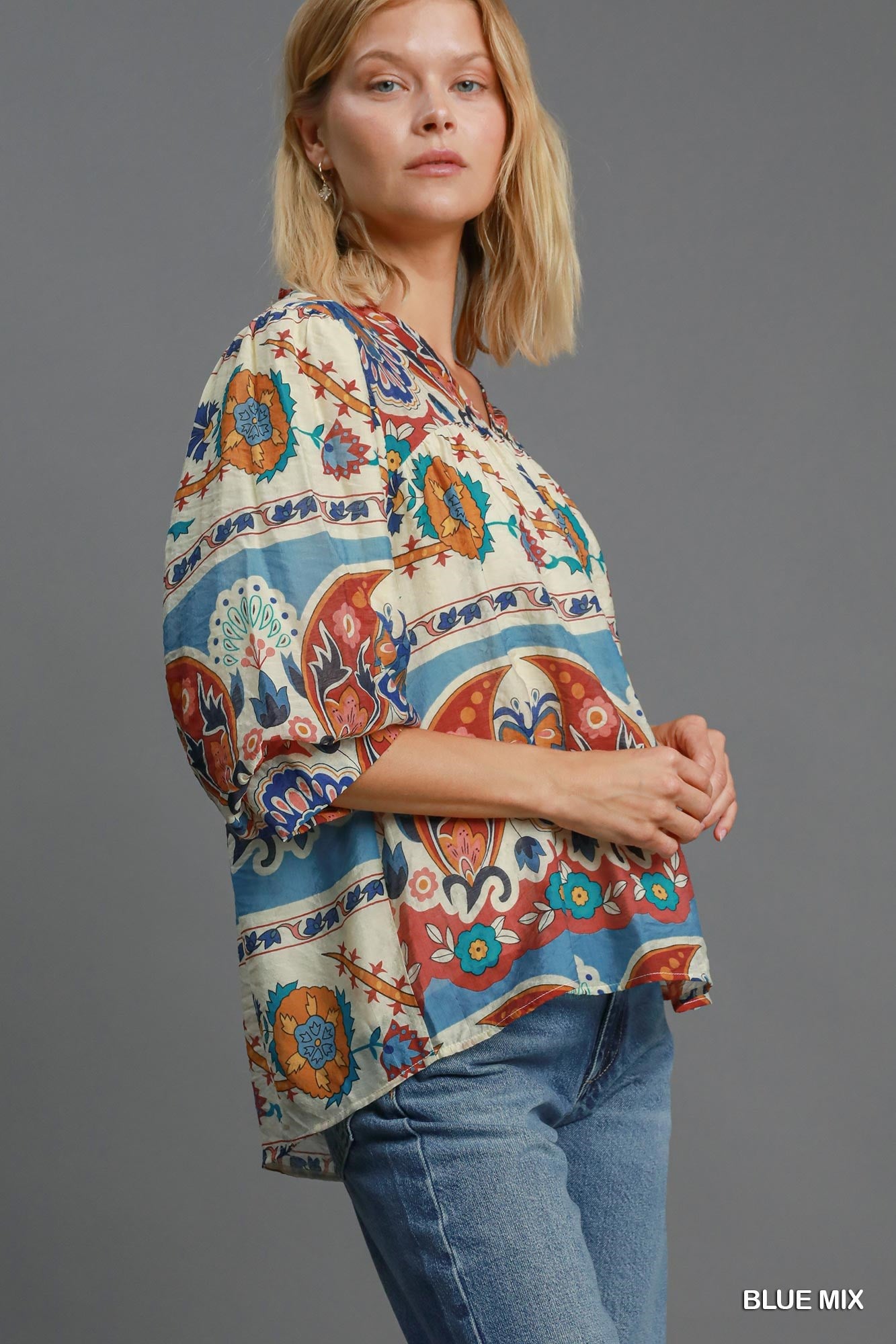 UMGEE Split Neck Print Top Blue Mix