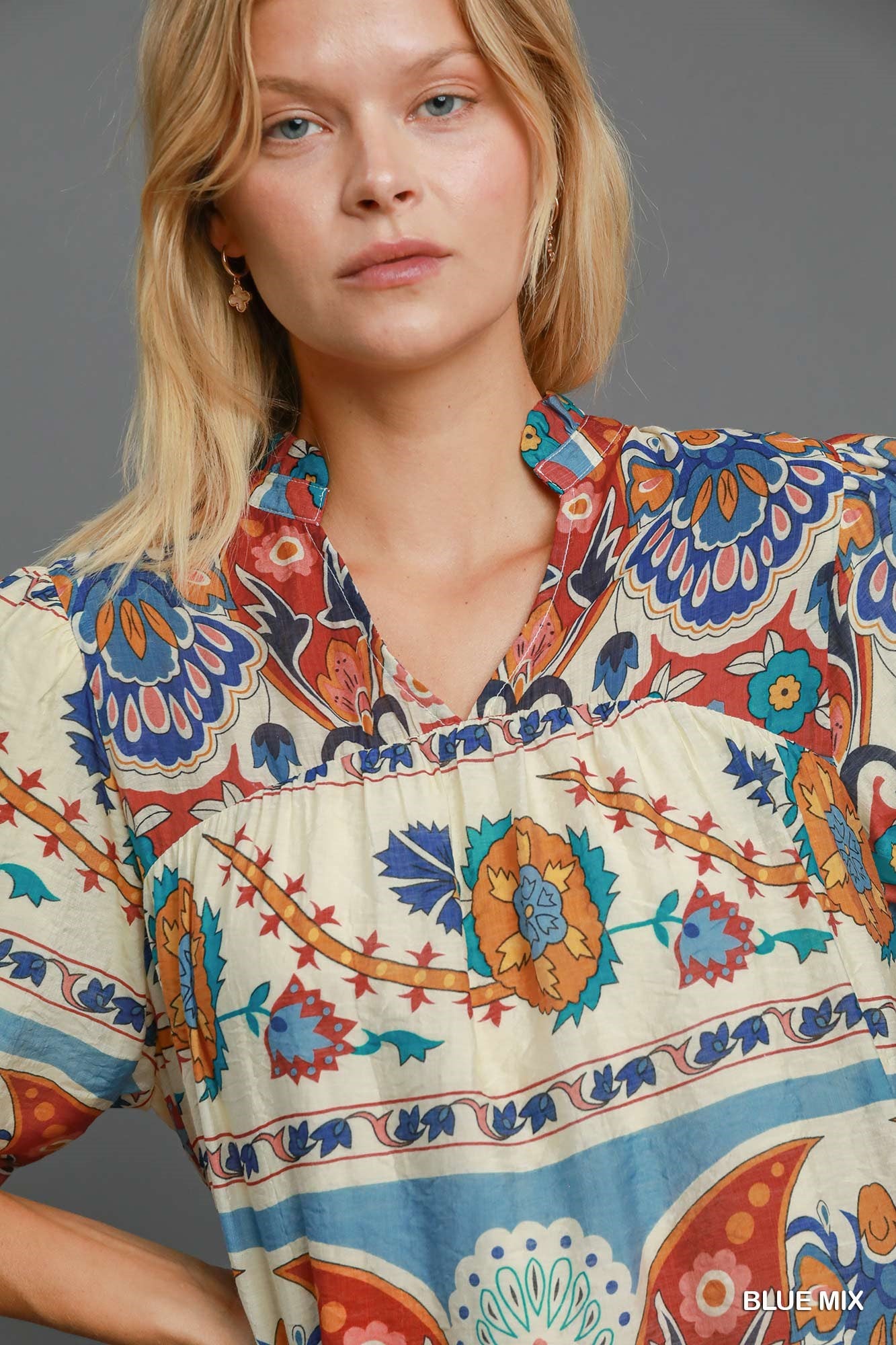 UMGEE Split Neck Print Top Blue Mix
