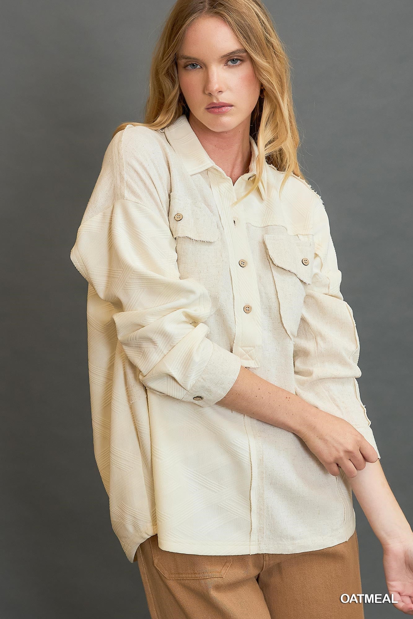 UMGEE Linen Blend Half Button Down Top Oatmeal