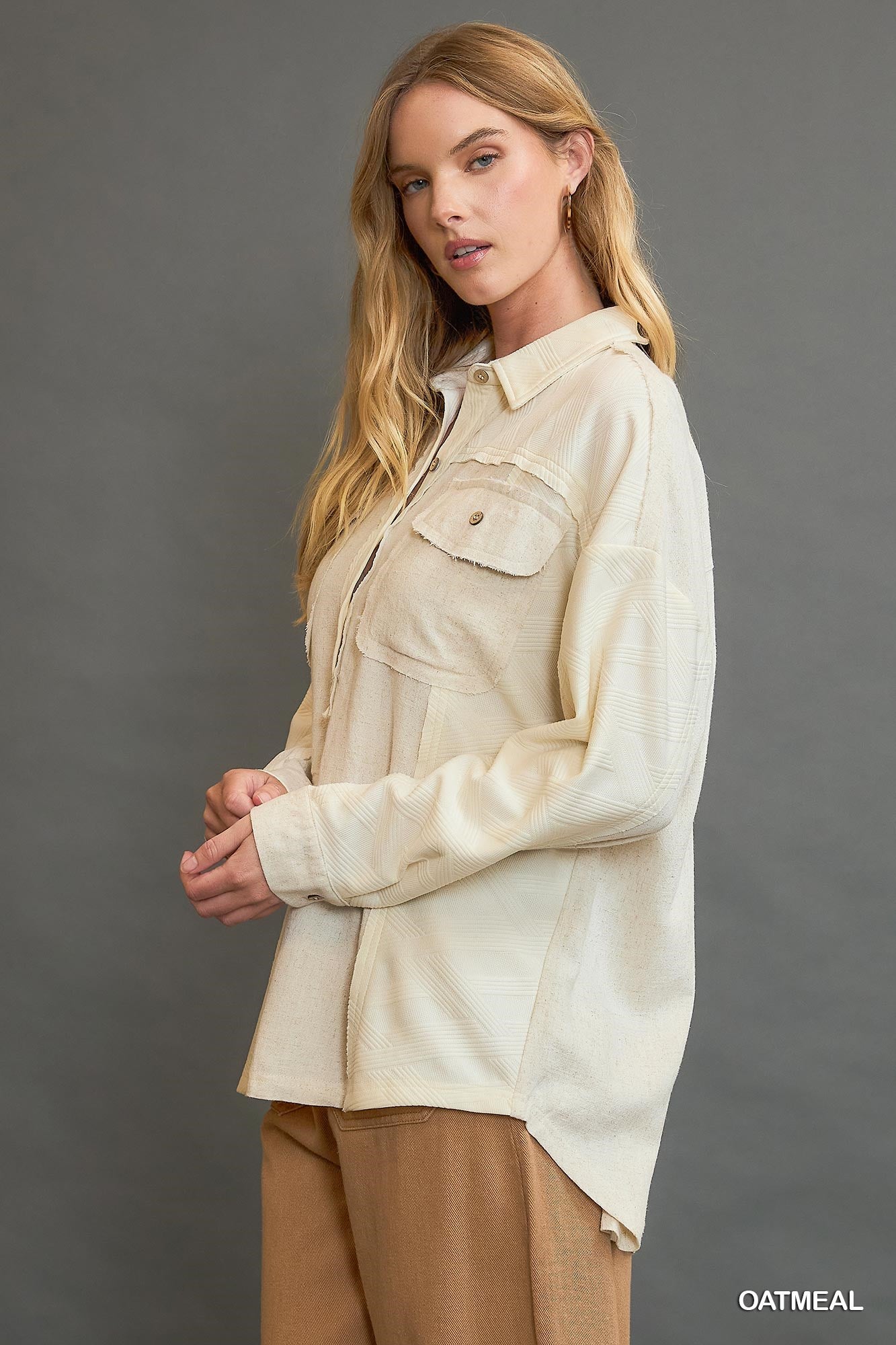 UMGEE Linen Blend Half Button Down Top Oatmeal