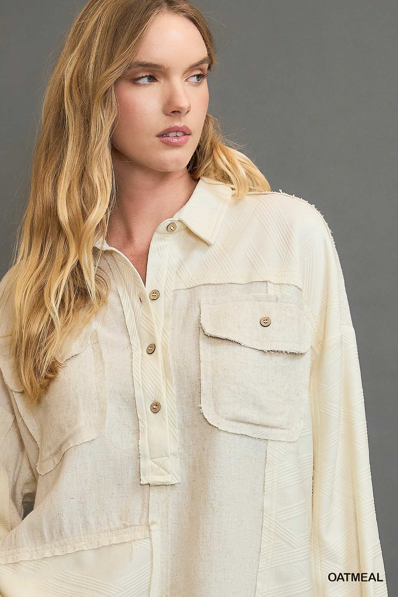 UMGEE Linen Blend Half Button Down Top Oatmeal