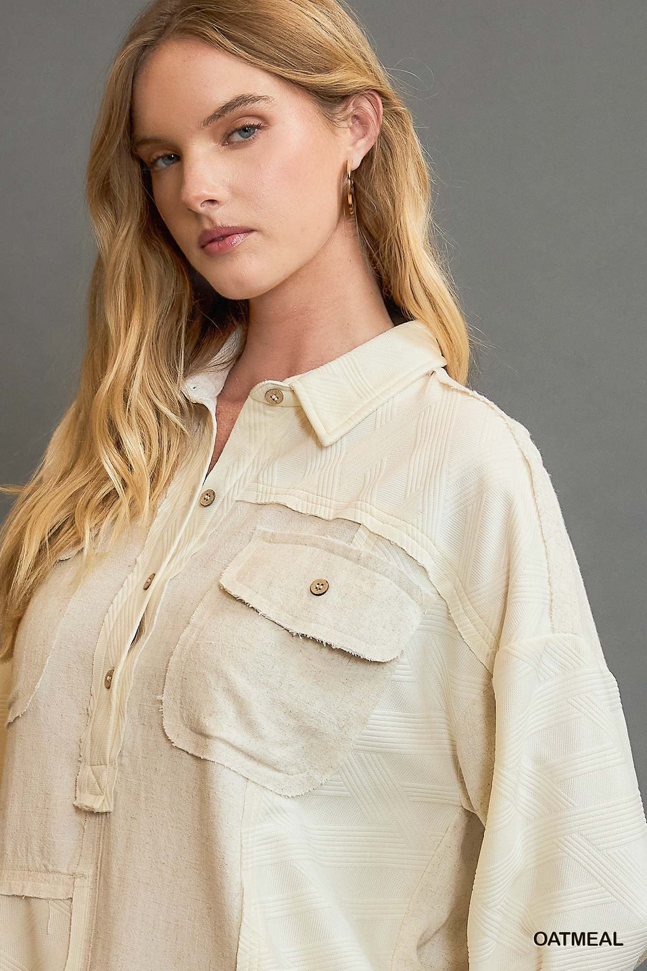 UMGEE Linen Blend Half Button Down Top Oatmeal
