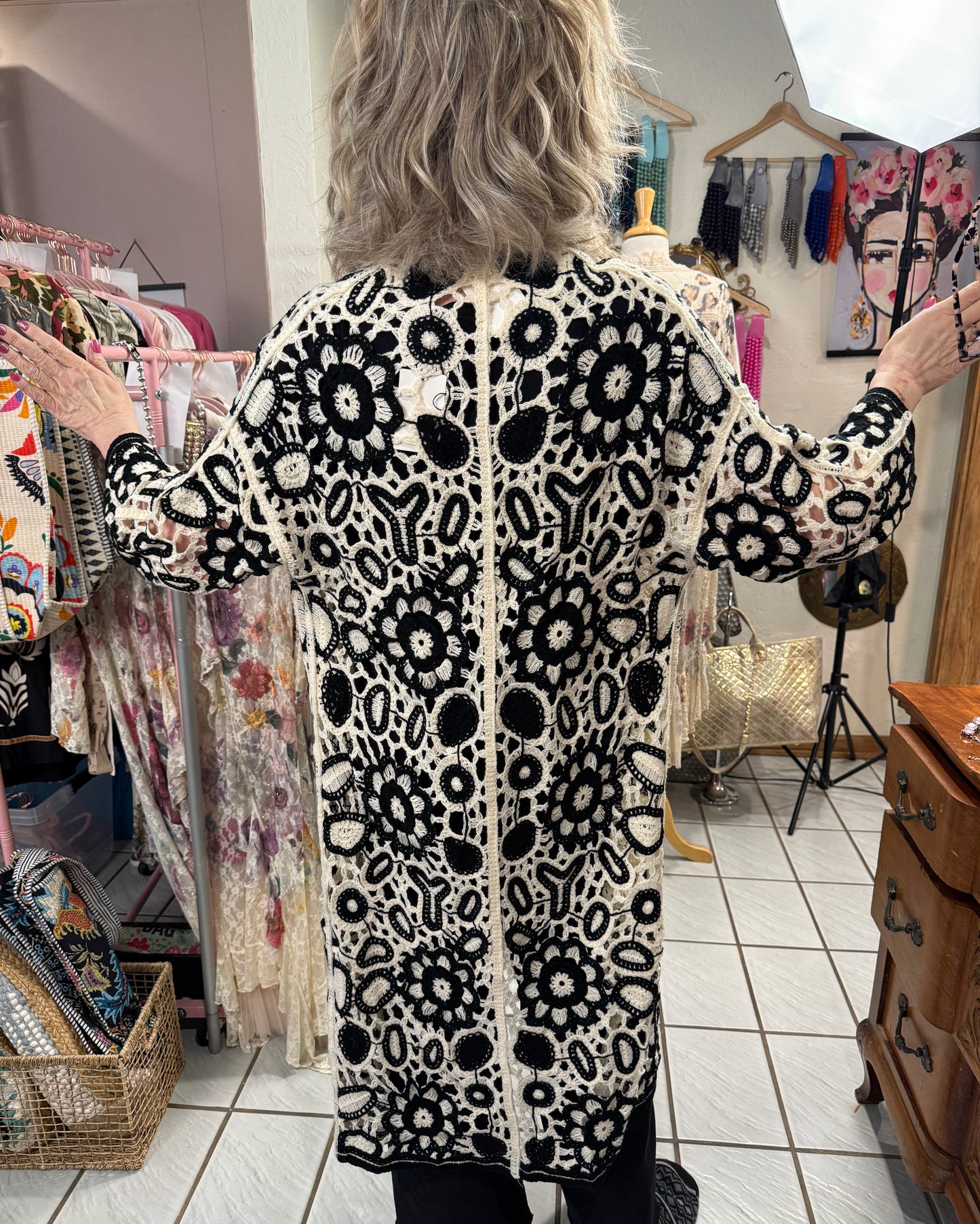 POL Black Crochet Duster