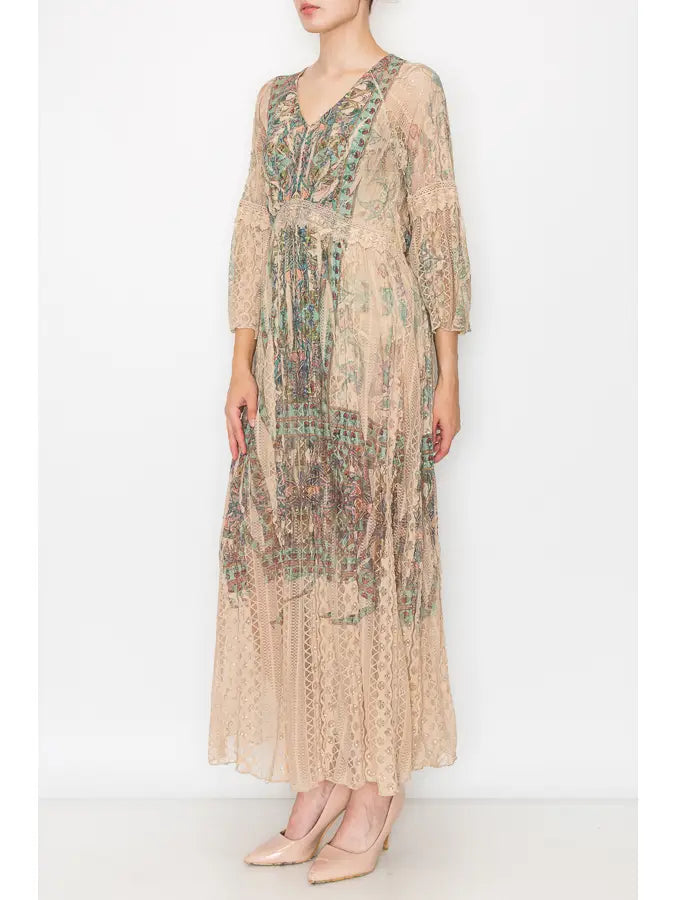 ORIGAMI Romantic Lace Bell-Sleeved A-Line Midi Dress