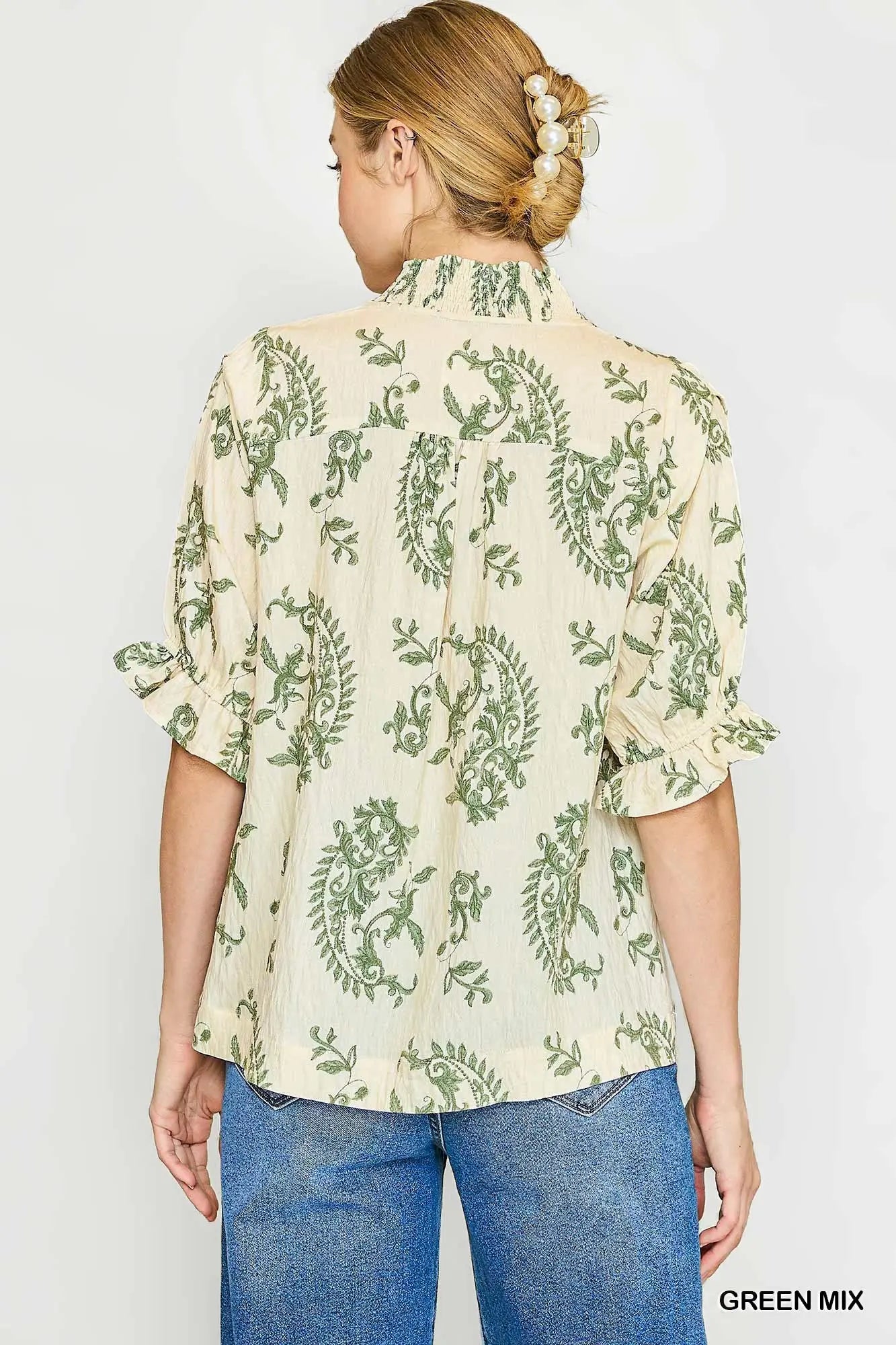 UMGEE Green Willow Vine Ruffle Trim Blouse