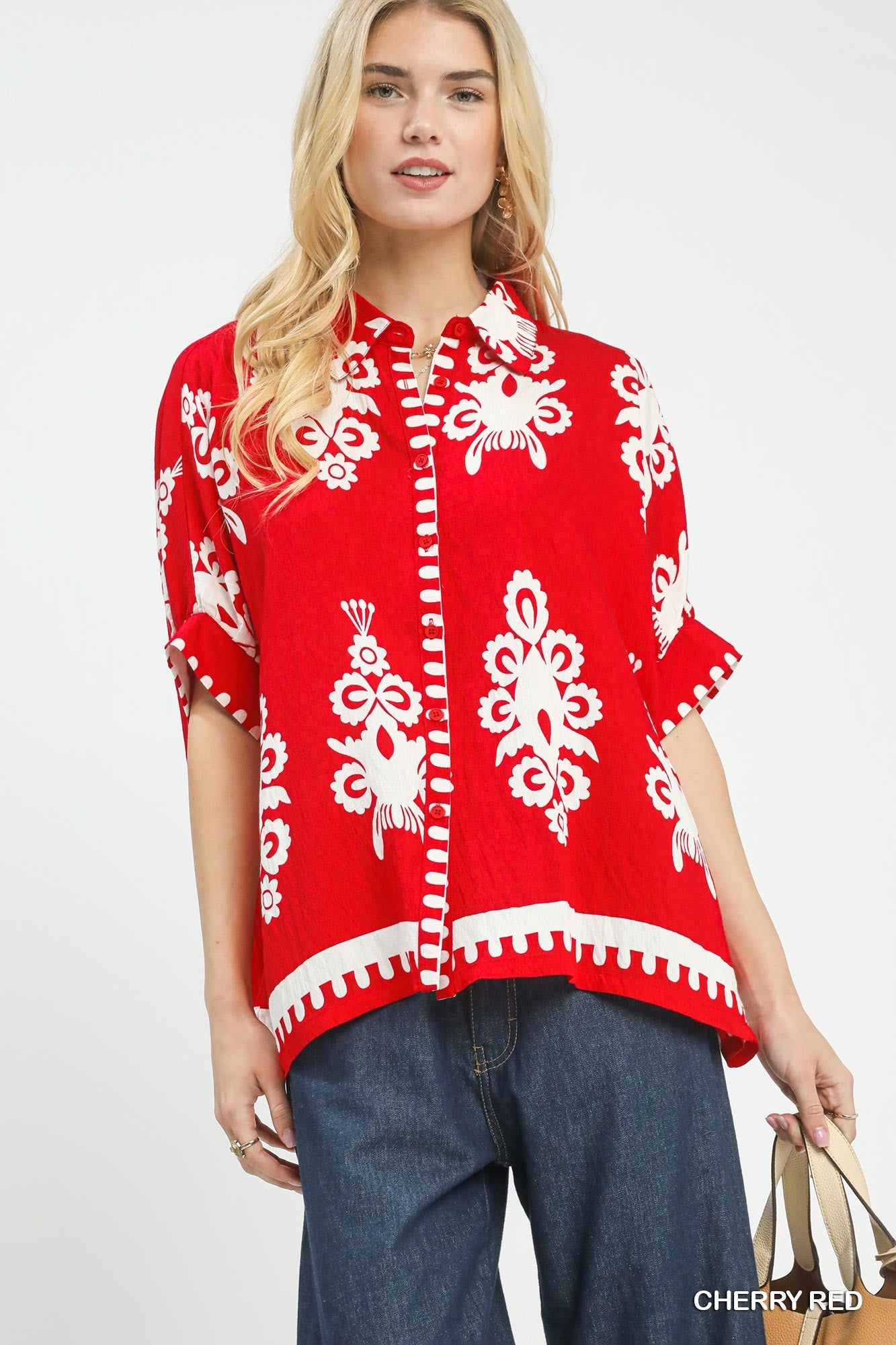 UMGEE Cherry Red Abstract Print Top