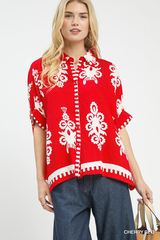 UMGEE Cherry Red Abstract Print Top