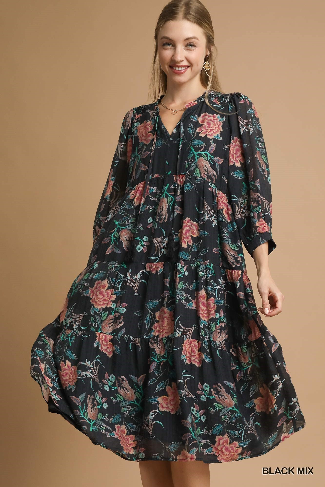 UMGEE Tiered Floral Boho Dress Black Mix
