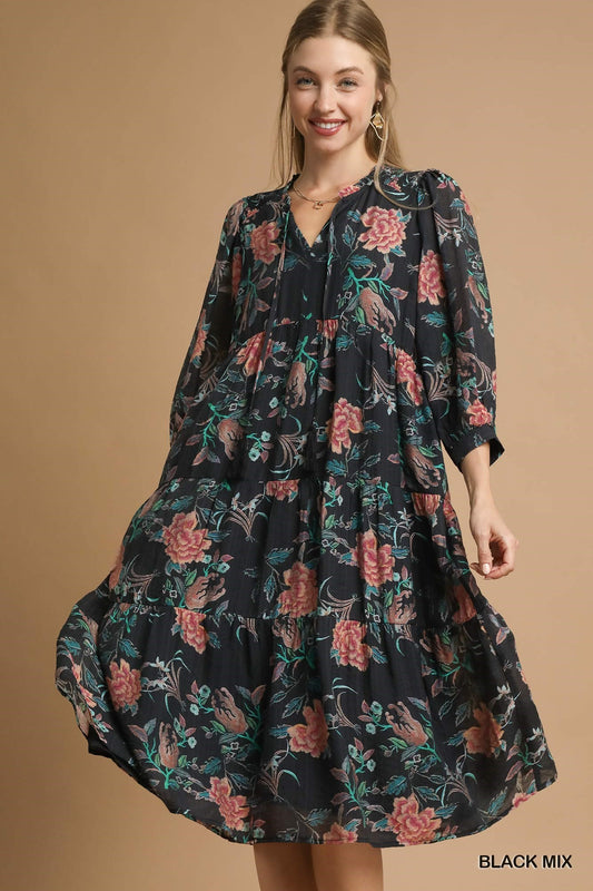 UMGEE Tiered Floral Boho Dress Black Mix