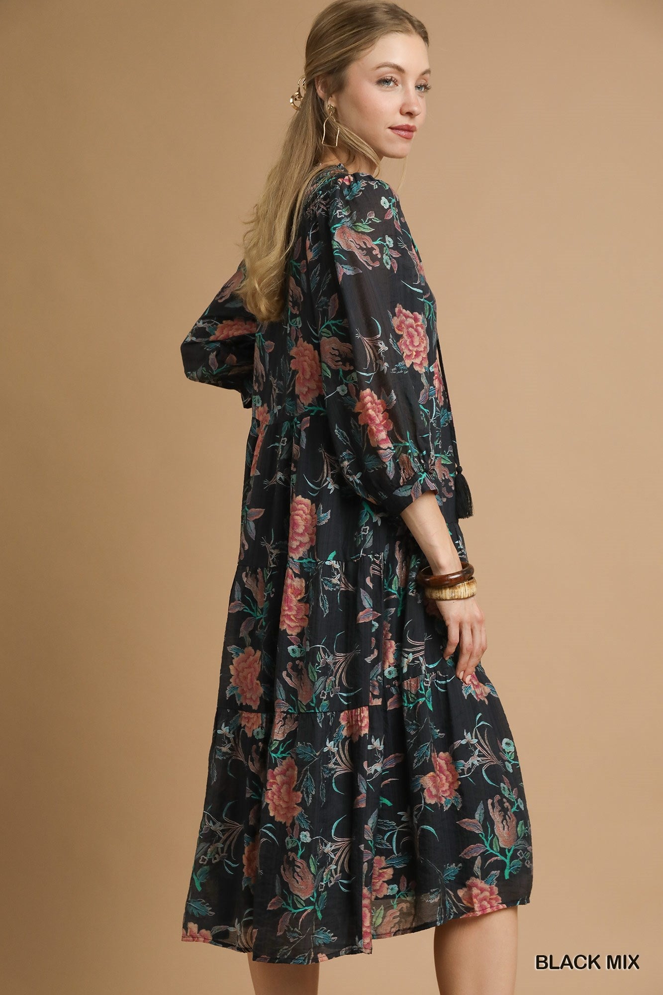 UMGEE Tiered Floral Boho Dress Black Mix