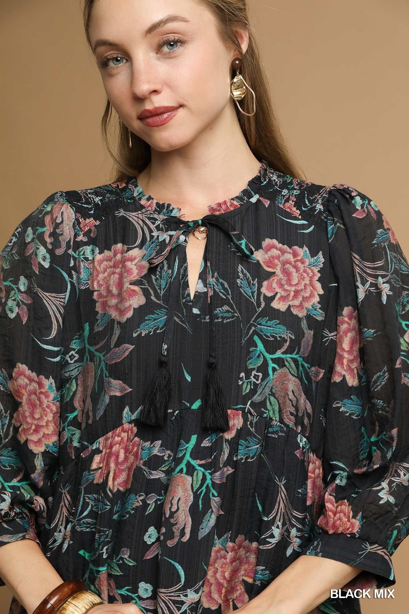 UMGEE Tiered Floral Boho Dress Black Mix