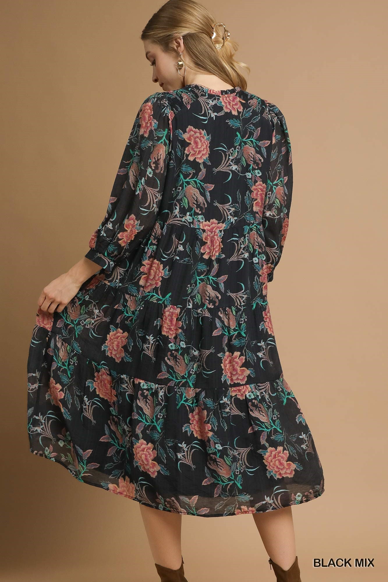 UMGEE Tiered Floral Boho Dress Black Mix