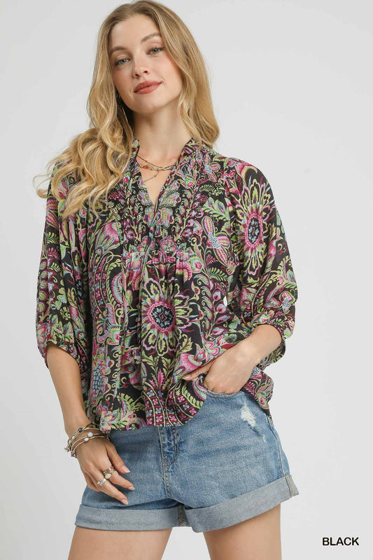 UMGEE Floral Paisley Boho Top Black