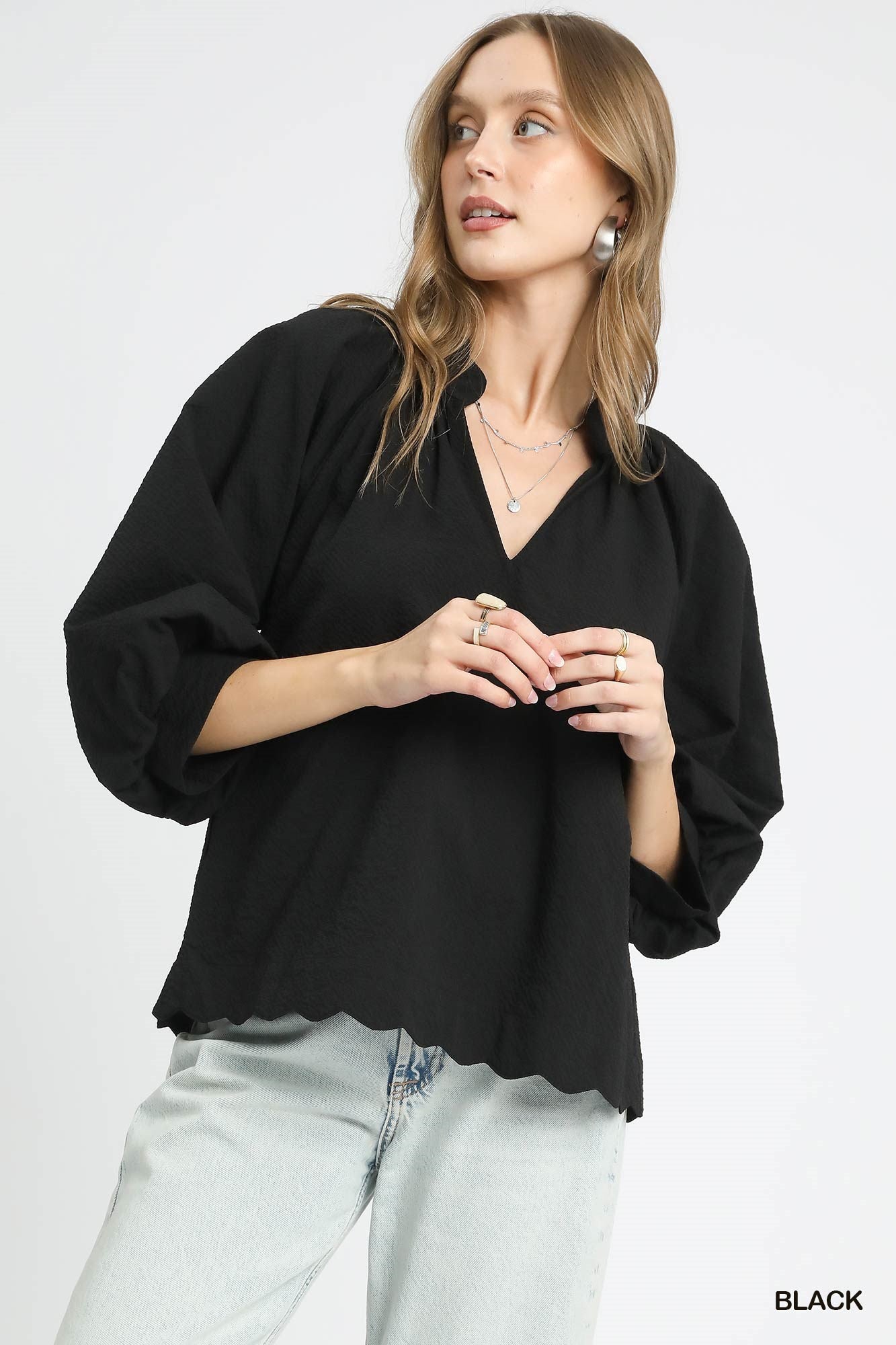 UMGEE Split V Neck Scalloped Top with Balloon Sleeves Black
