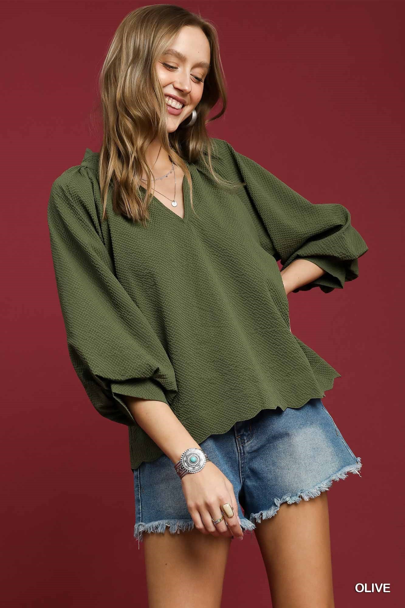UMGEE Split V Neck Scalloped Top with Balloon Sleeves Olive