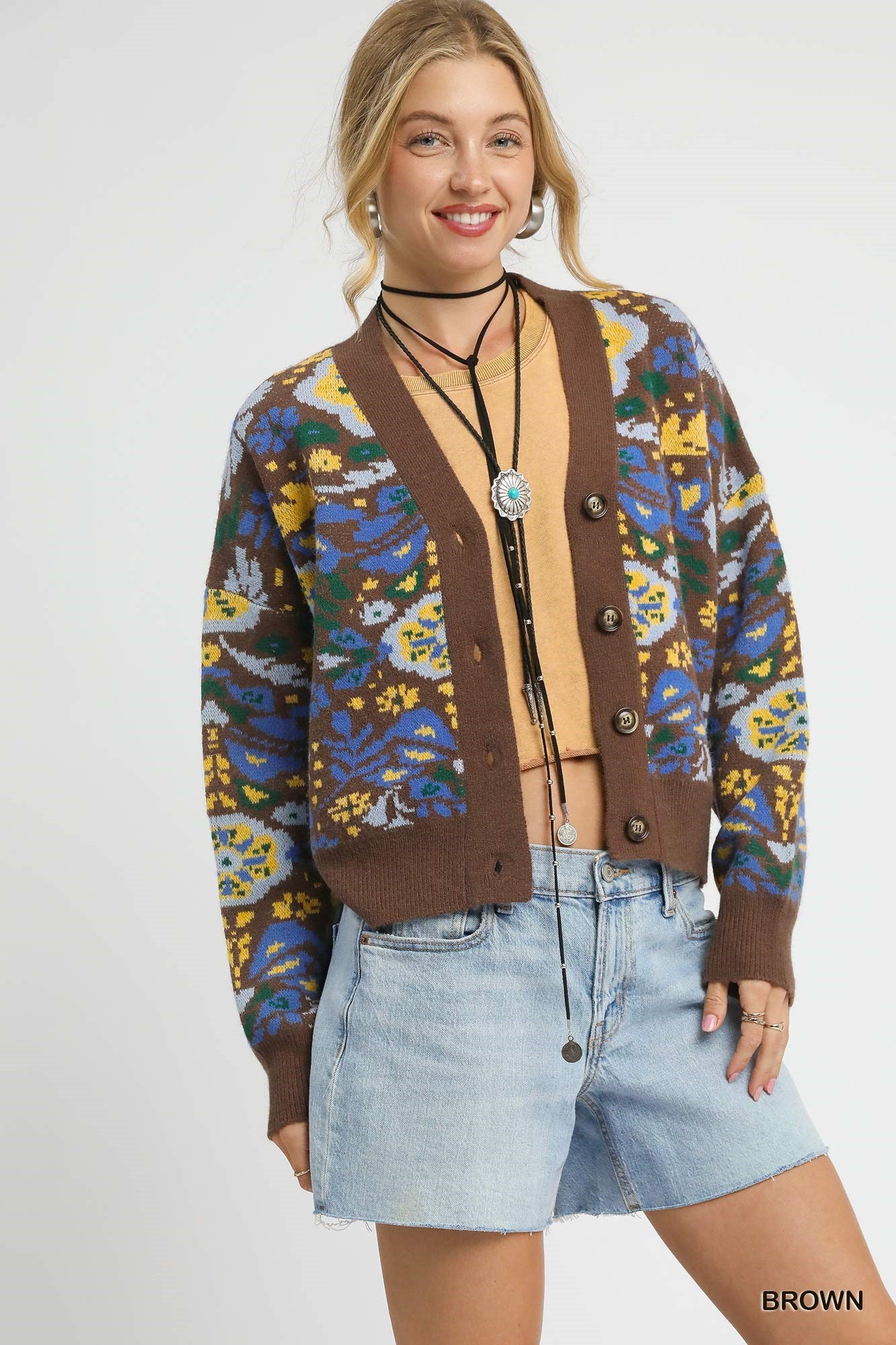 UMGEE Floral Knit Button-Up Cardigan Brown