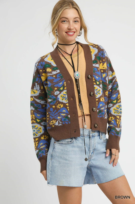 UMGEE Floral Knit Button-Up Cardigan Brown