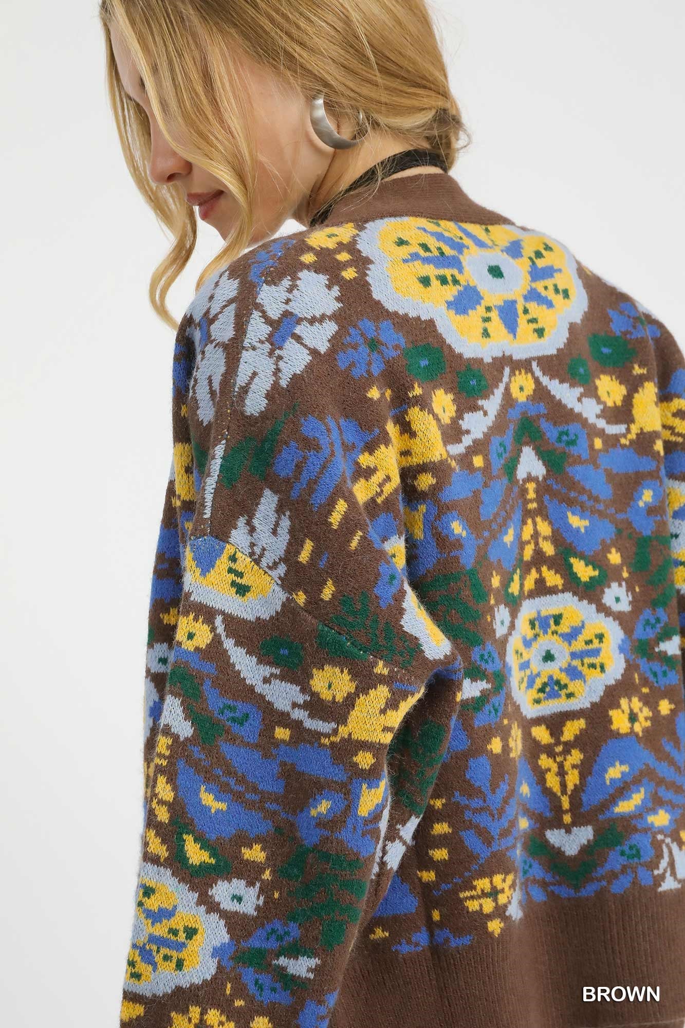 UMGEE Floral Knit Button-Up Cardigan Brown