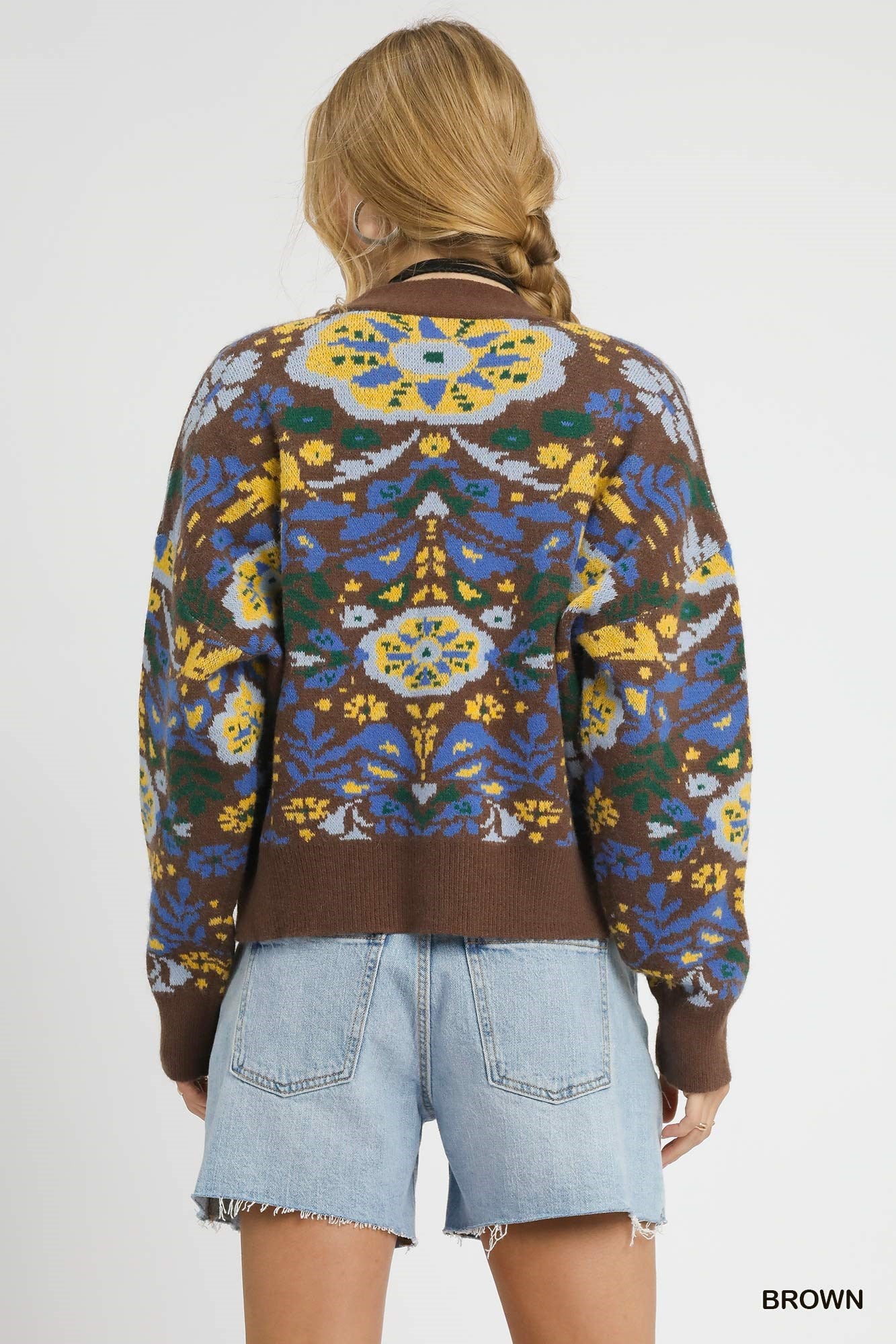 UMGEE Floral Knit Button-Up Cardigan Brown