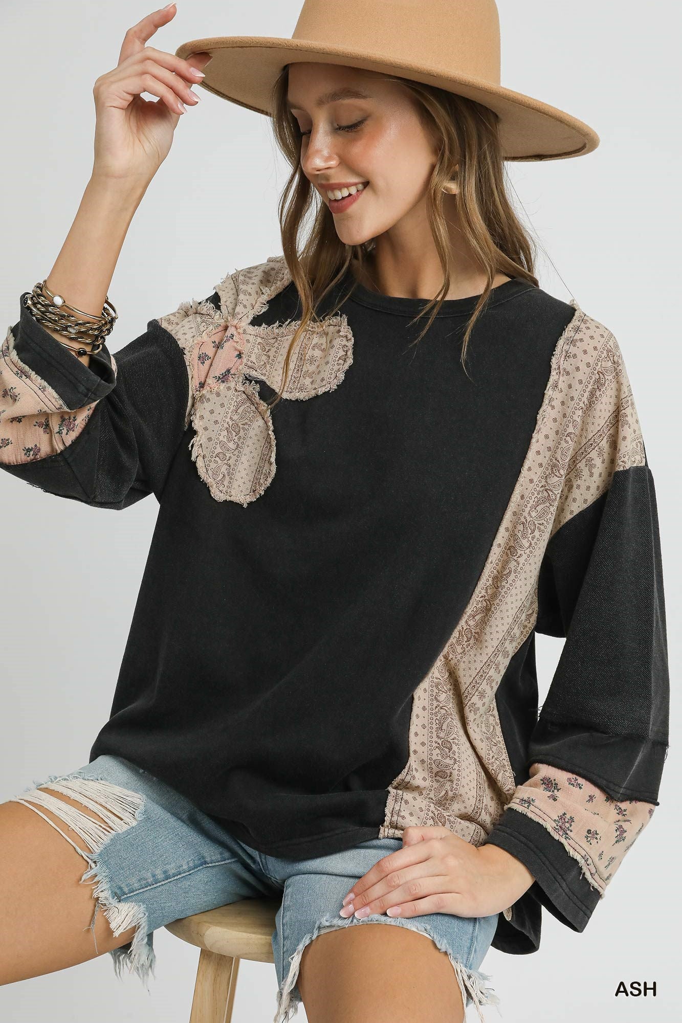 UMGEE French Terry Patchwork Sleeve Pullover Ash