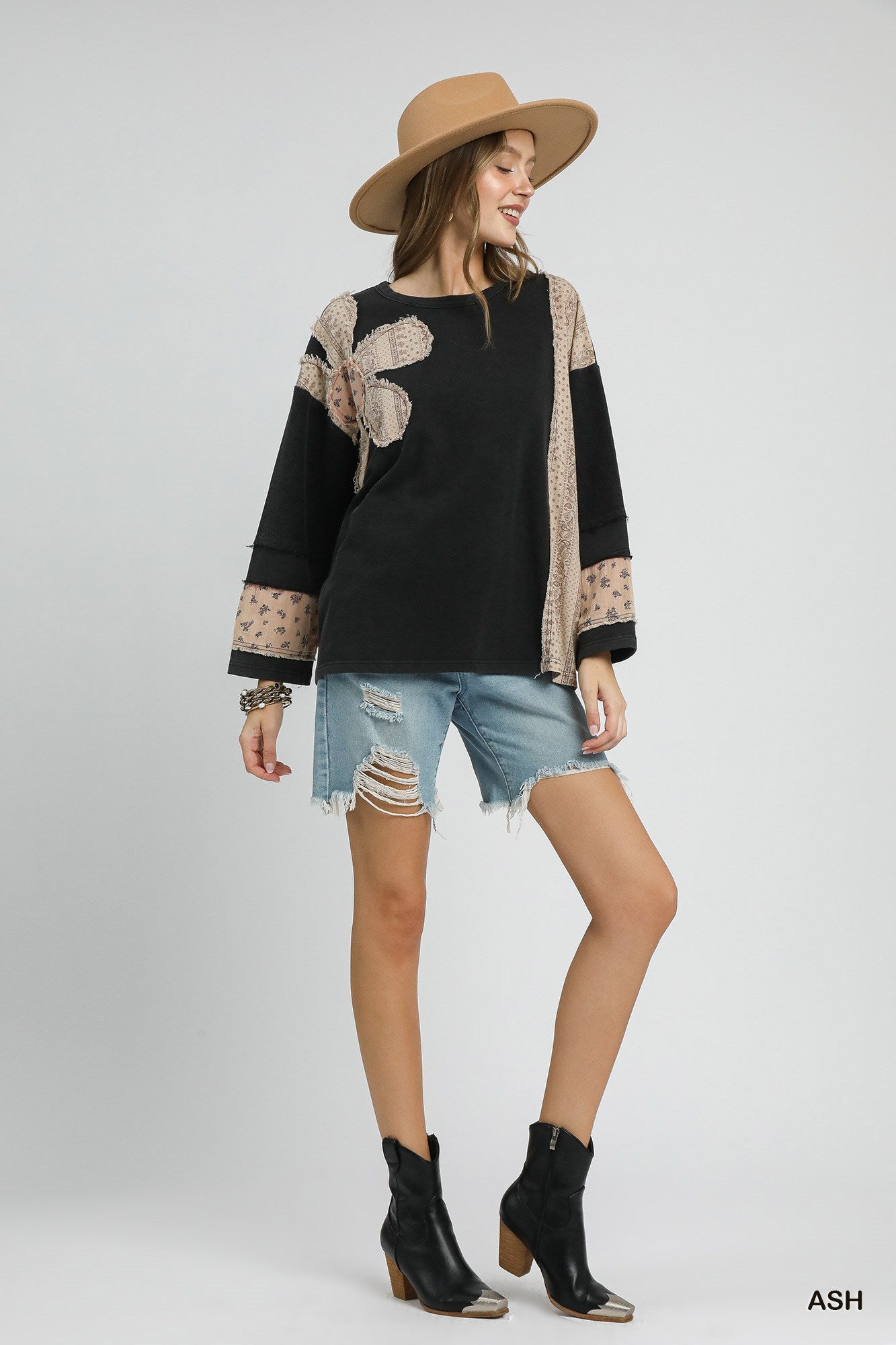 UMGEE French Terry Patchwork Sleeve Pullover Ash