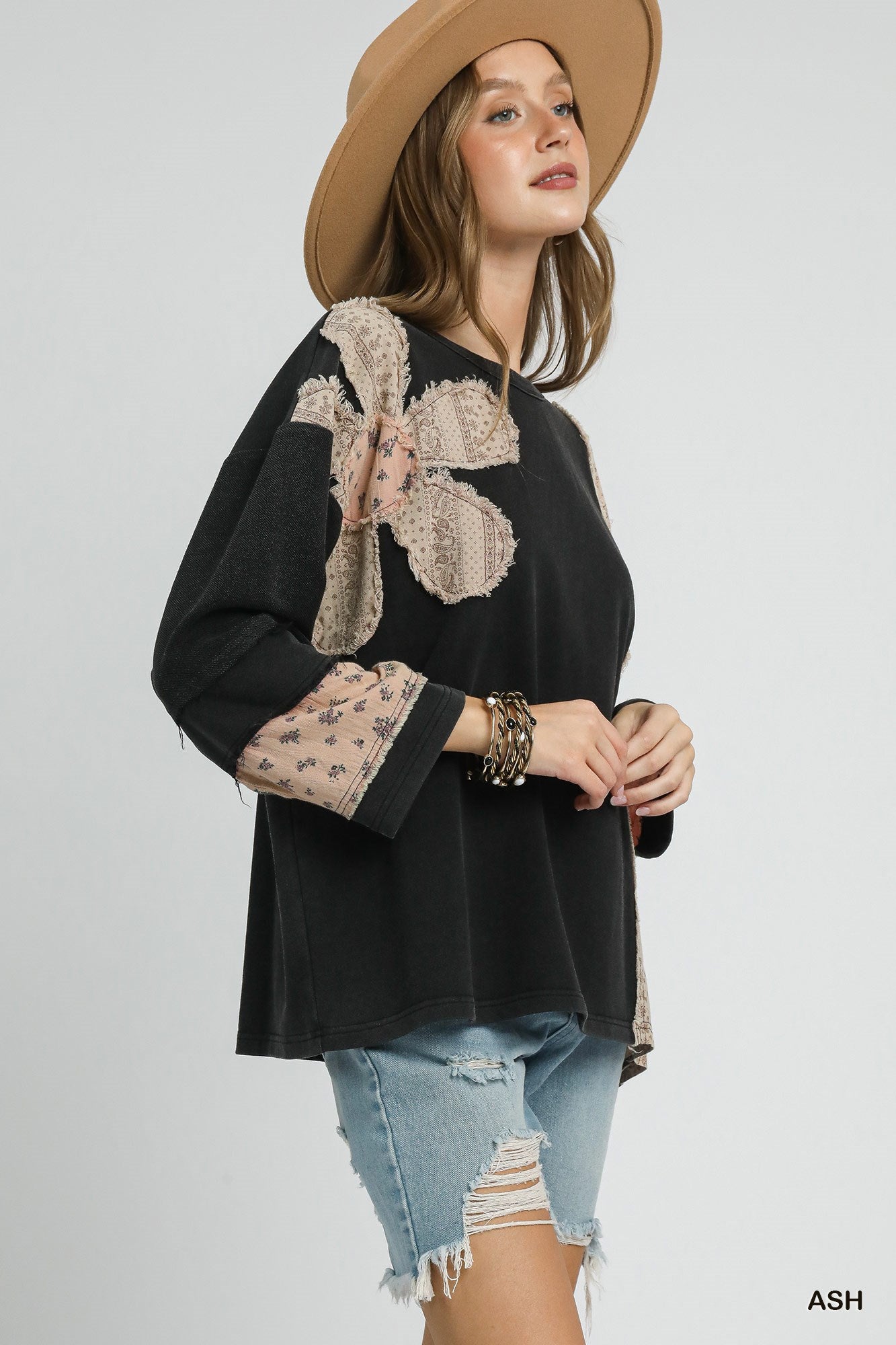 UMGEE French Terry Patchwork Sleeve Pullover Ash