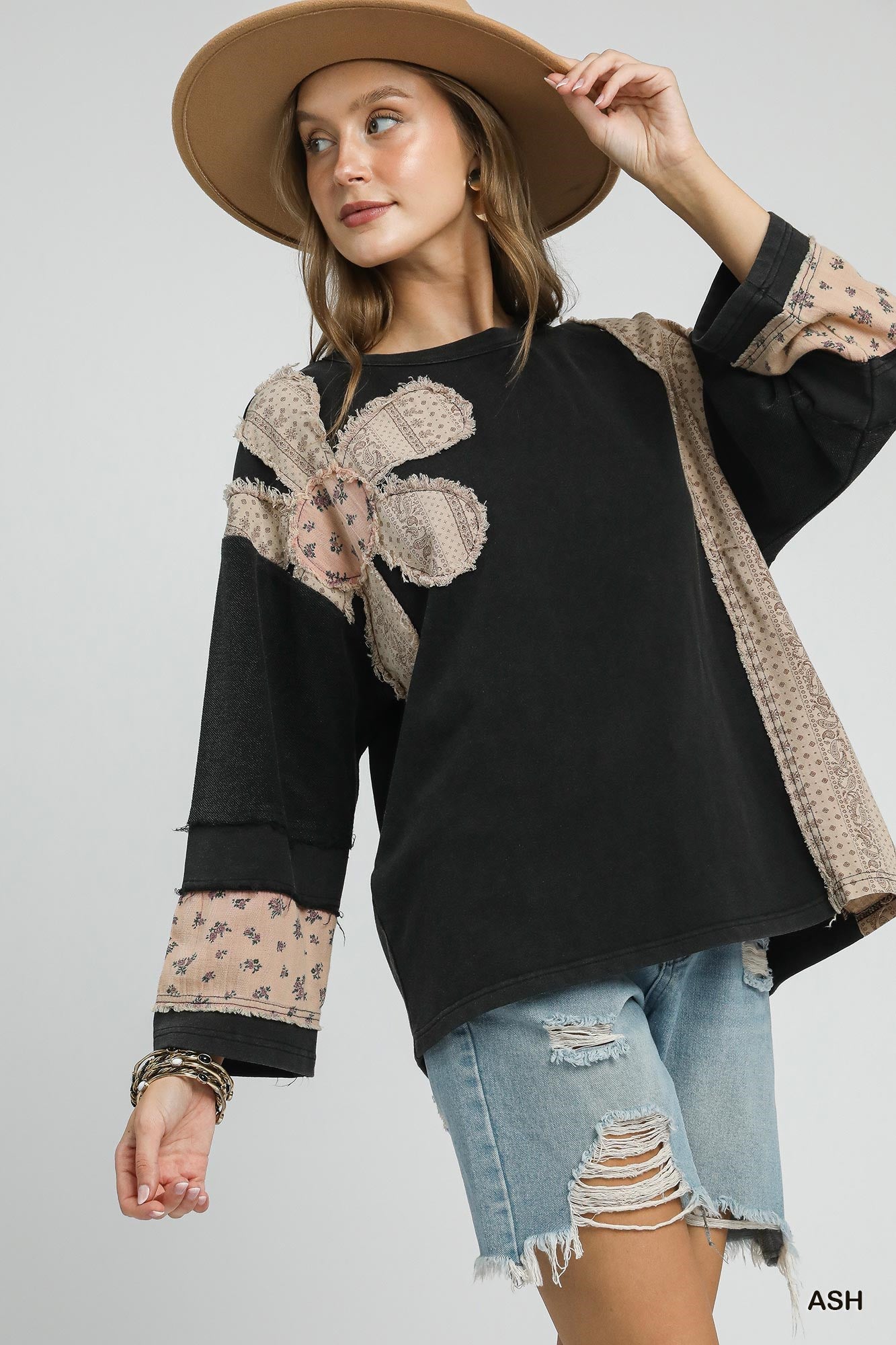 UMGEE French Terry Patchwork Sleeve Pullover Ash
