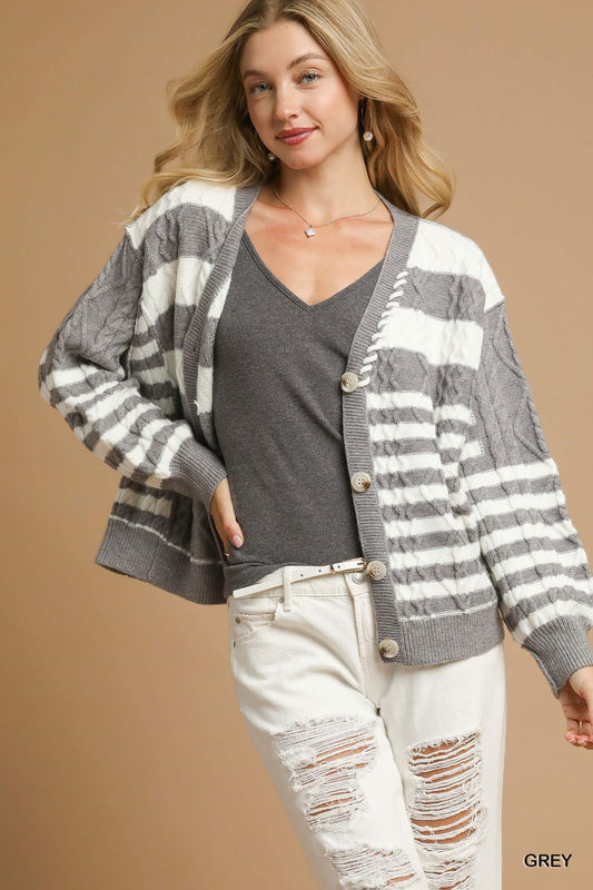 UMGEE Textured Stripe Button-Up Cardigan Grey