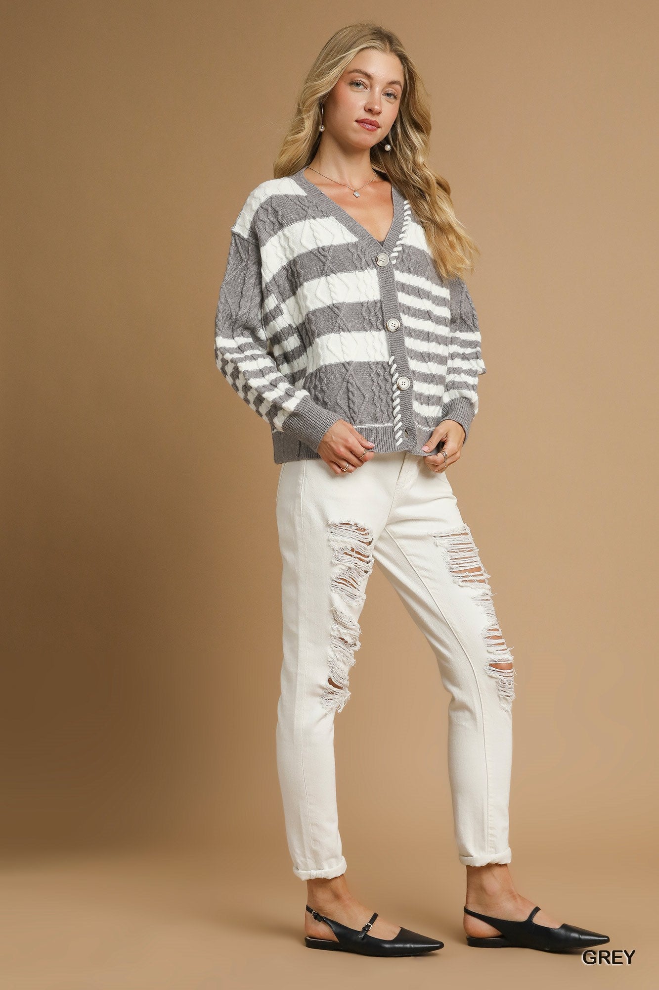 UMGEE Textured Stripe Button-Up Cardigan Grey