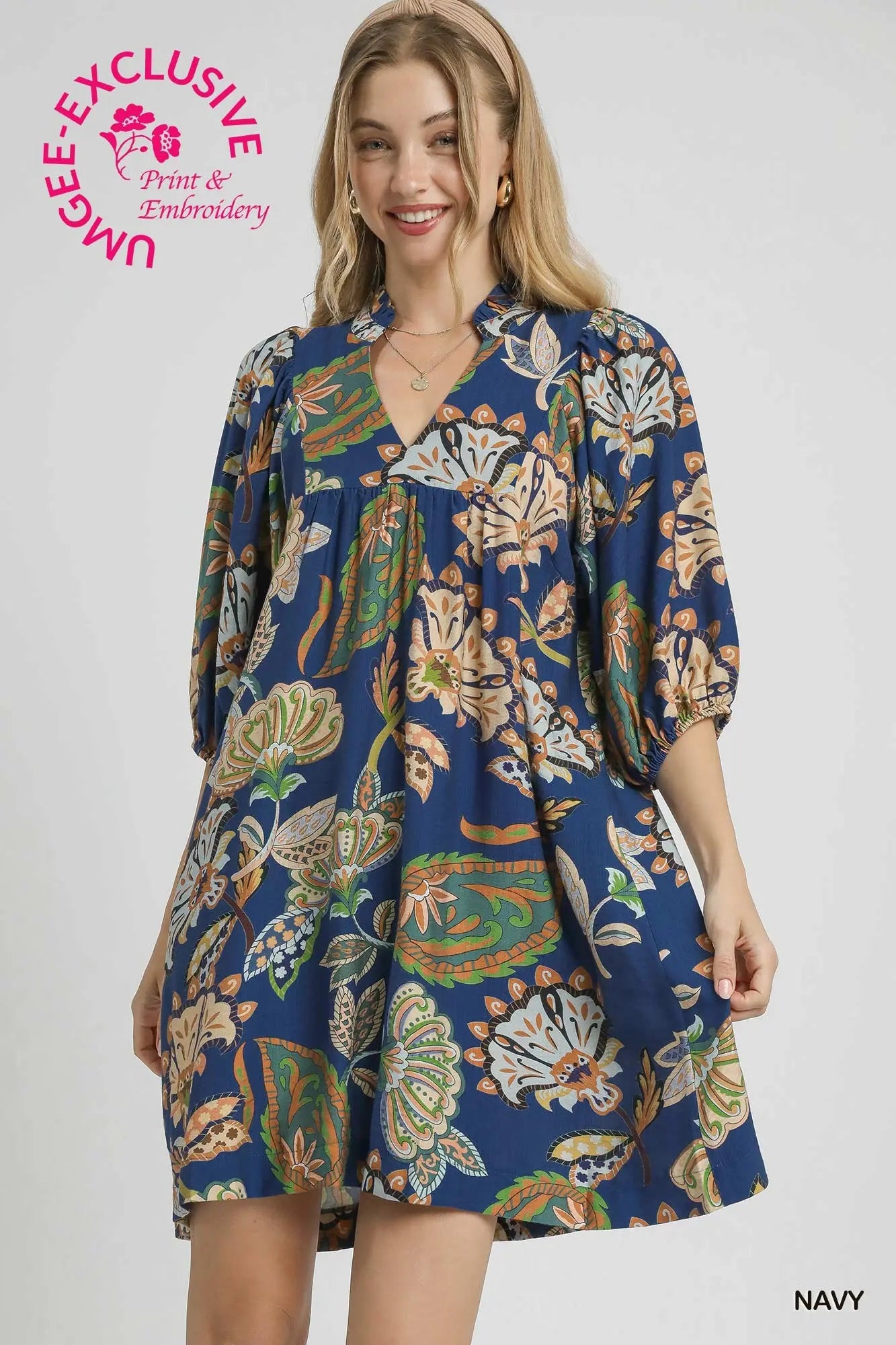 UMGEE Abstract Print Puff Sleeve Babydoll Dress Navy