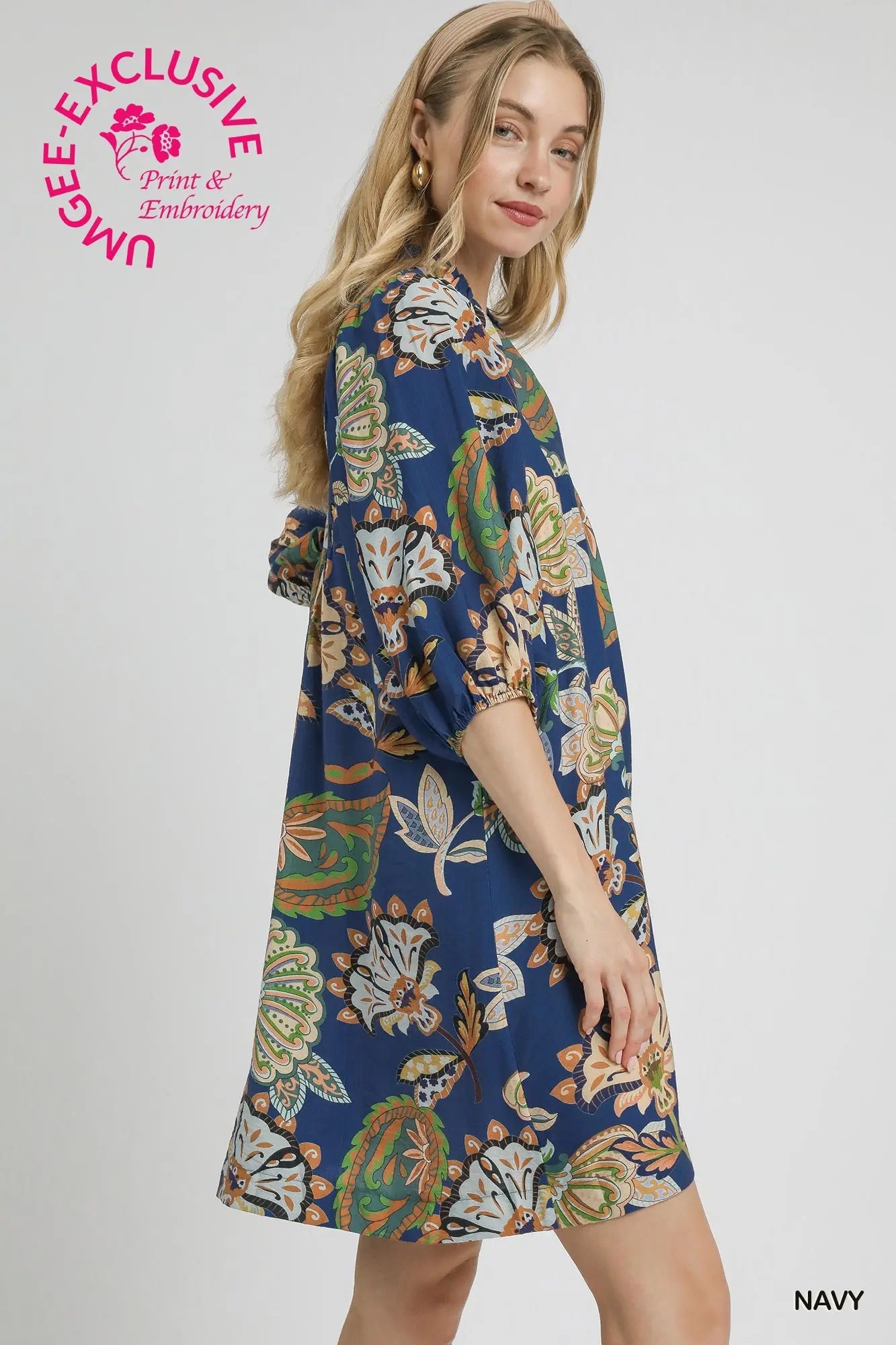 UMGEE Abstract Print Puff Sleeve Babydoll Dress Navy