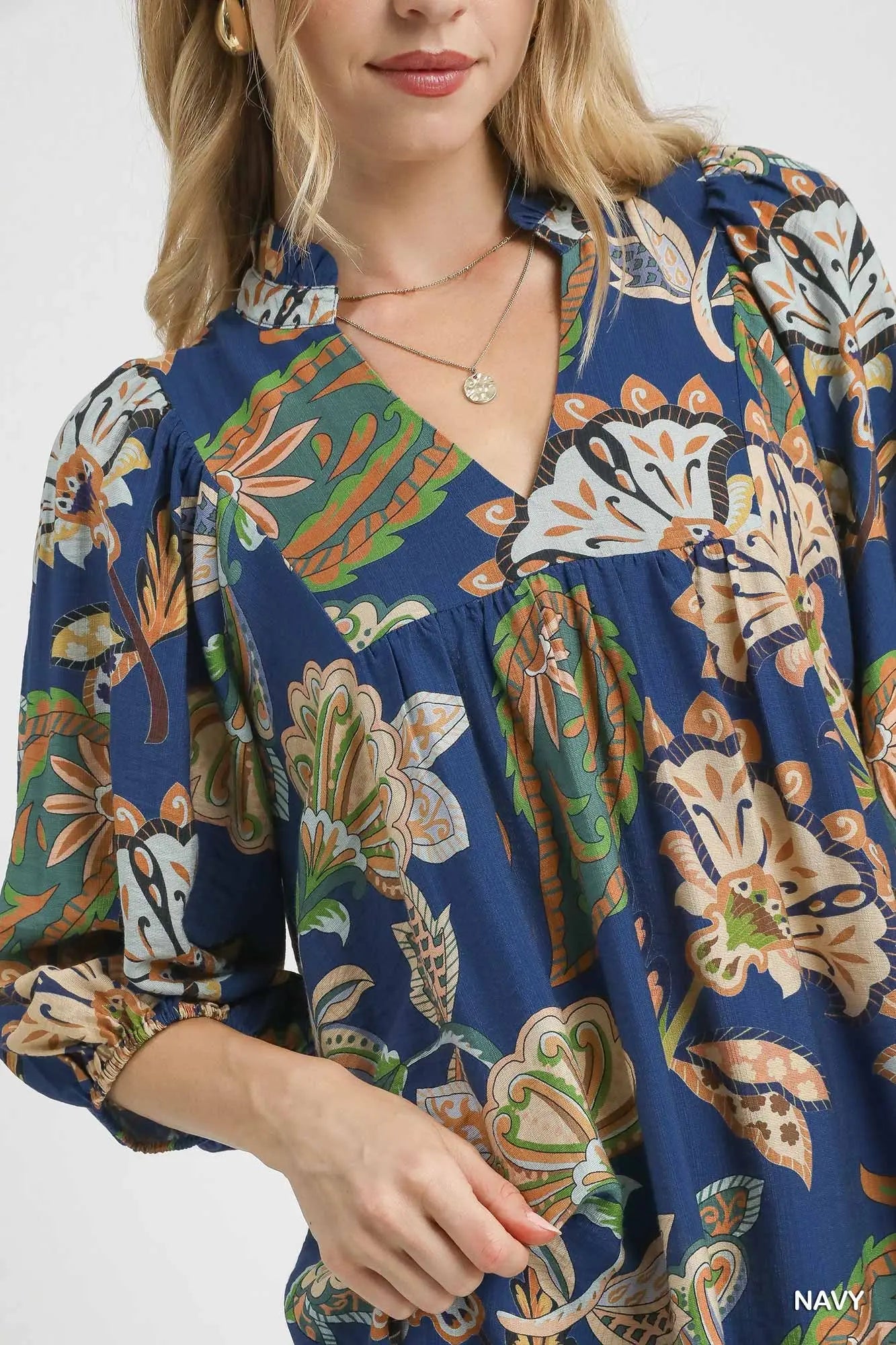 UMGEE Abstract Print Puff Sleeve Babydoll Dress Navy