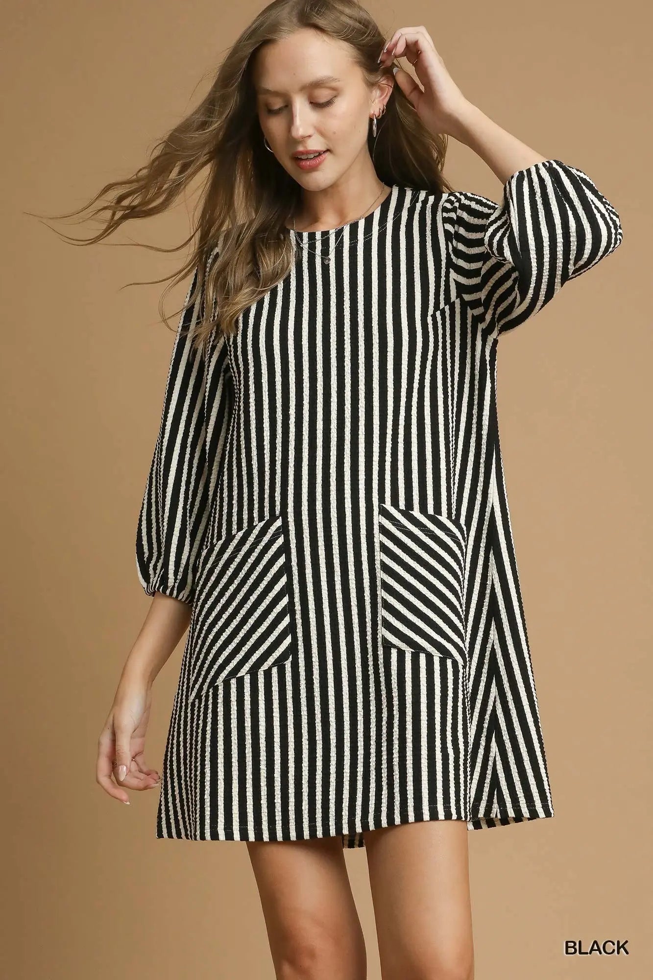 UMGEE Striped Textured Mini Dress with Front Pockets