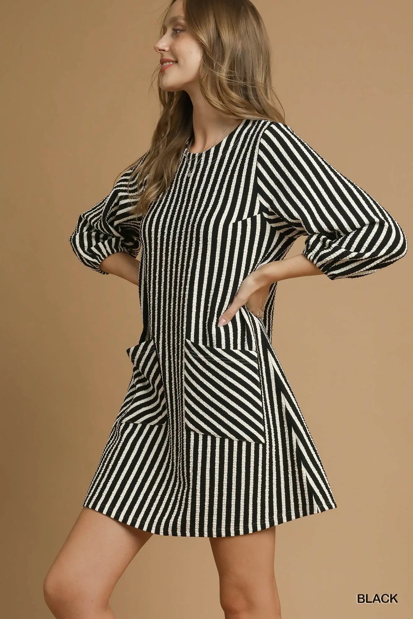 UMGEE Striped Textured Mini Dress with Front Pockets