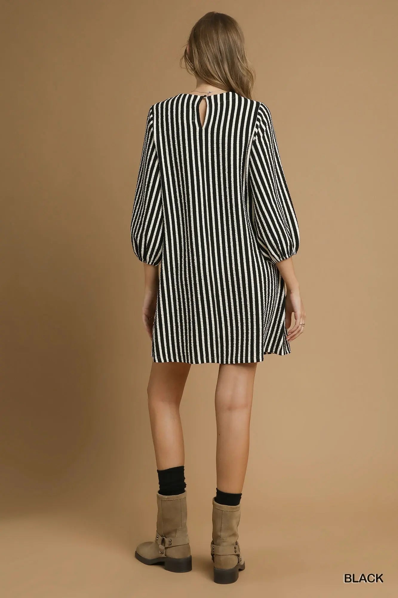 UMGEE Striped Textured Mini Dress with Front Pockets