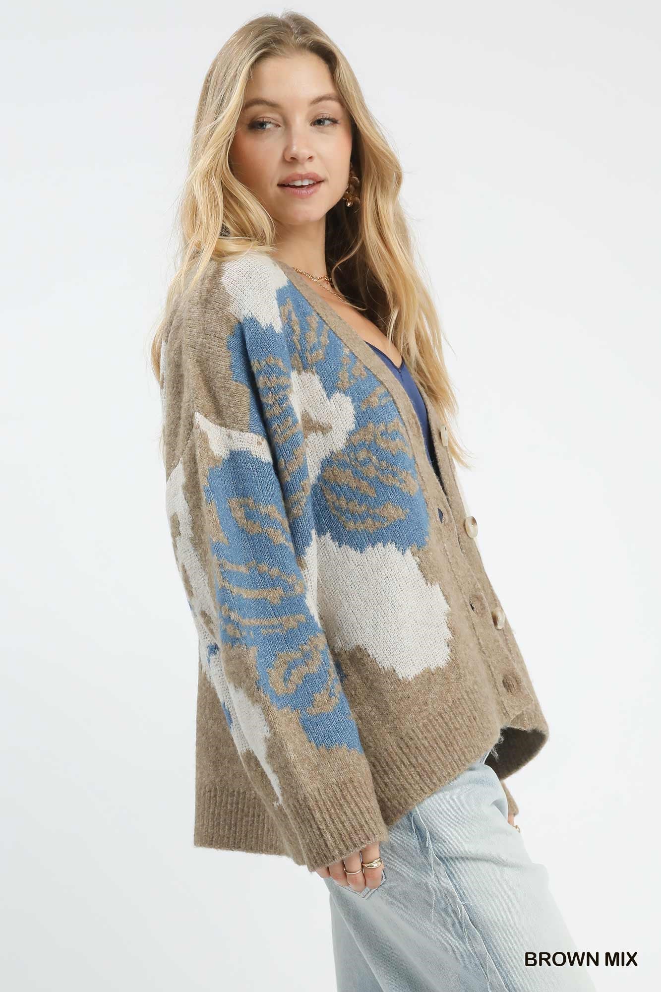 UMGEE Flower Print Button Down Cardigan